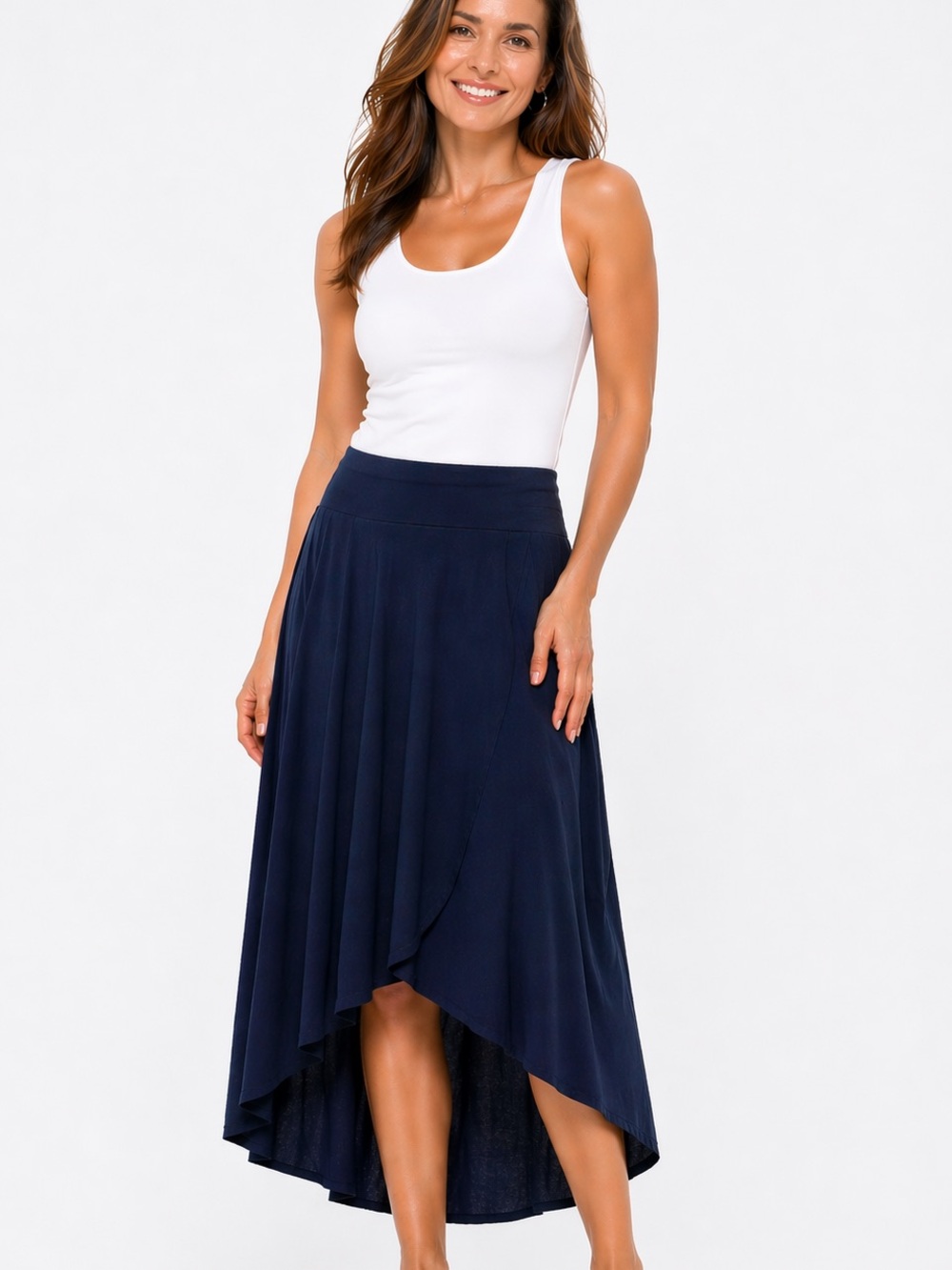 Columbia Cotton Long Navy comfortable skirt long at back rise at front Midi M